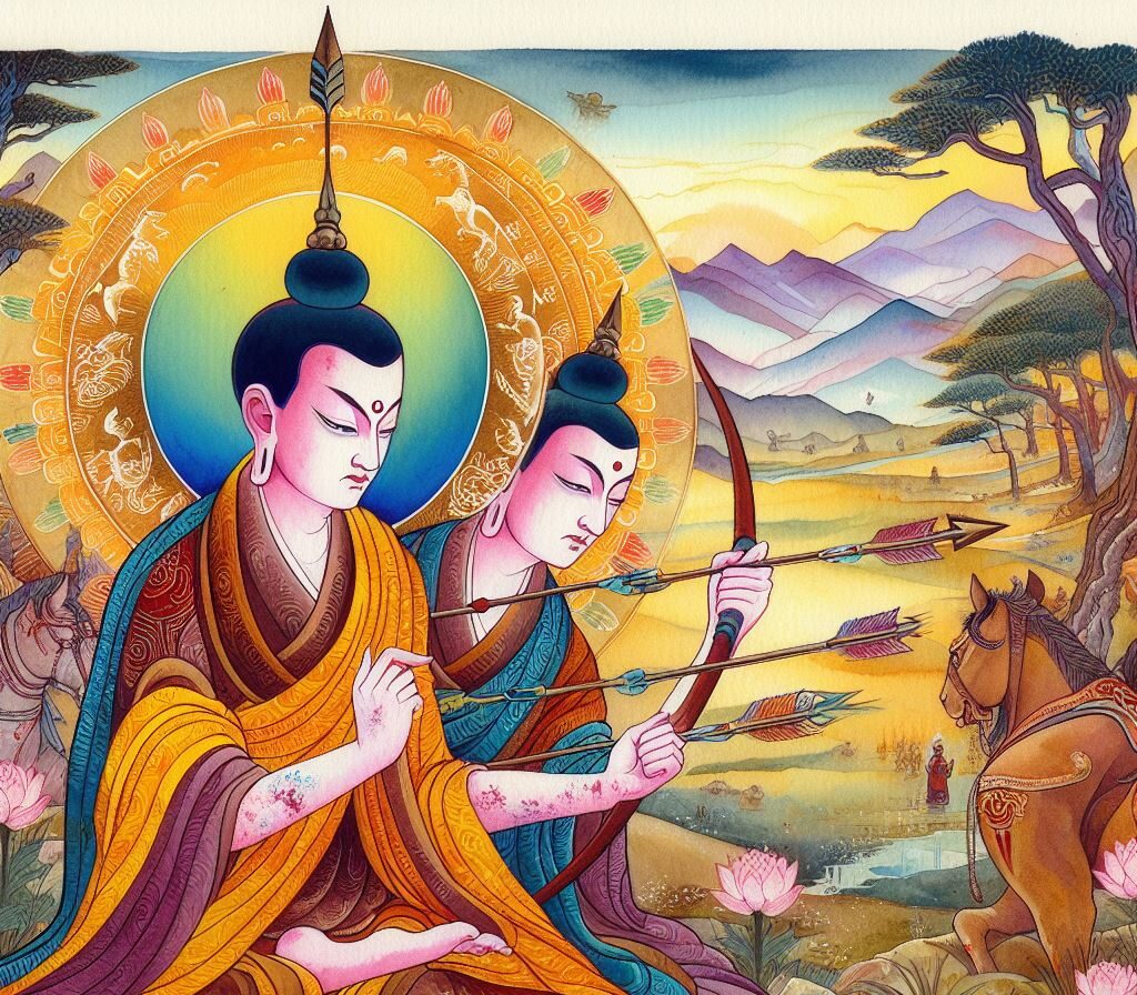 two buddhas hold bows and arrows. One shoots the first and the other shoots the second.