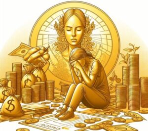 A young woman sits holdg her head in pain amidst piles of money and stocks and shares.