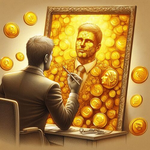 a novice millionaire stares into a mirror getting to know himself by journaling.