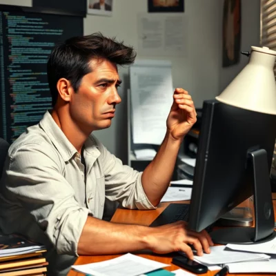 a man sits at a cluttered desk worrying and fearful.