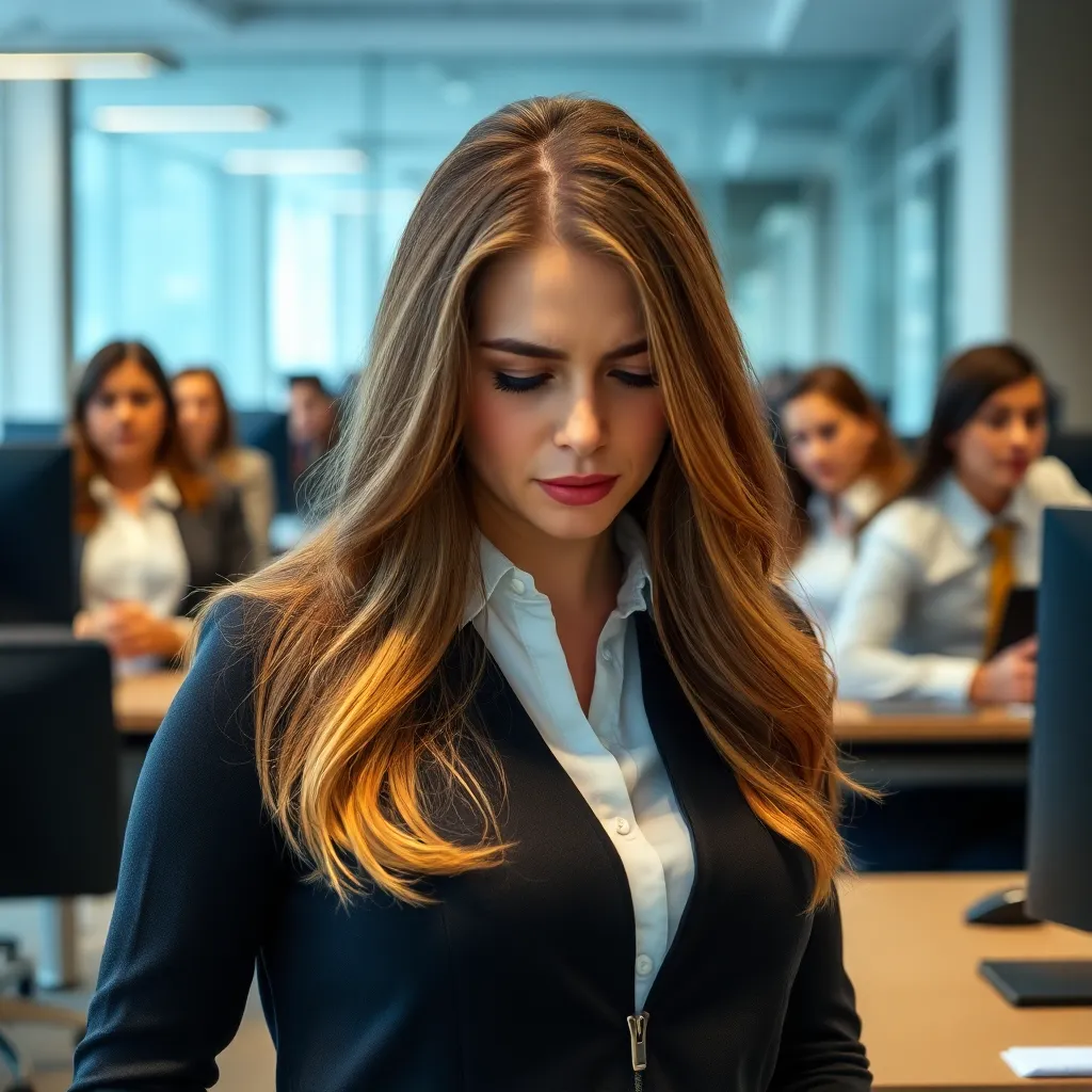 A young woman is disappointed and afraid to make eye contact with her colleagues.