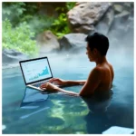 Mn works on his laptop while in the onsen